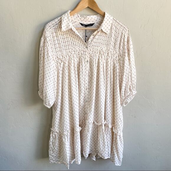 NWT‎ Zara Cream Polka Dot Babydoll Mini Dress - Picture 3 of 9